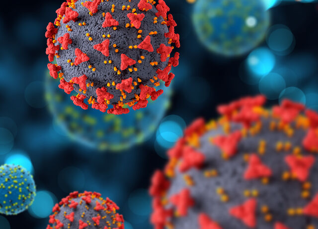 3D medical background with COVID-19 virus cells.