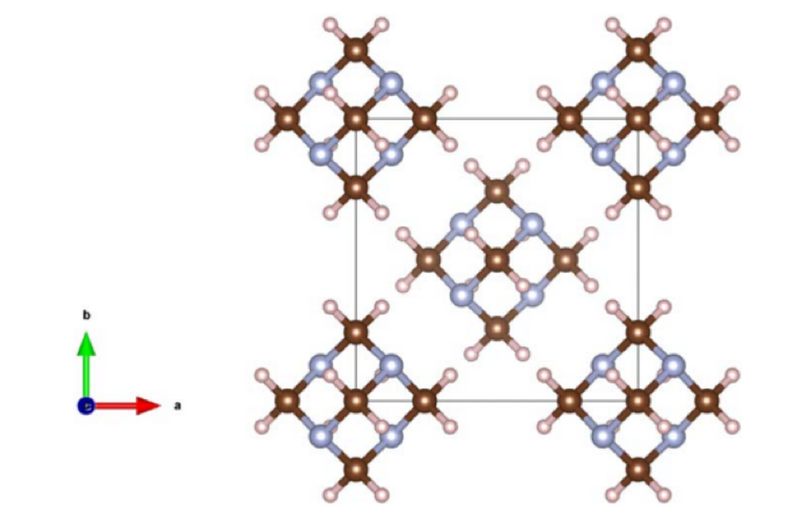 Ball and stick diagram of a HMT crystal, with atoms of different colours in a symmetrical pattern