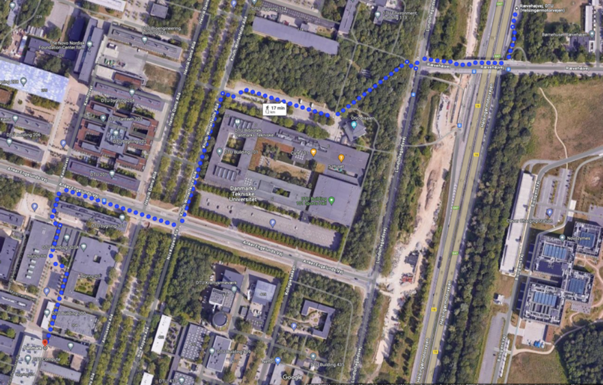 A blue dotted line crosses a campus in a south westerly direction. A label indicates 1.2 km or 17 minutes walk