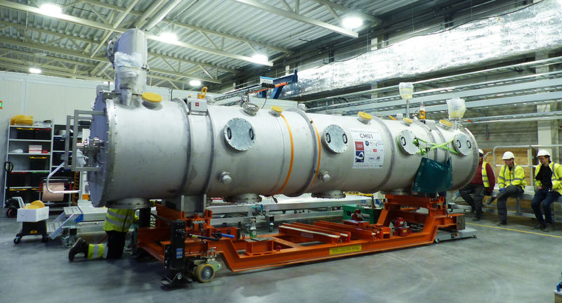 The newly received ESS cryomodule is placed in the preparation area in Test Stand 2 inside the Klystron Gallery
