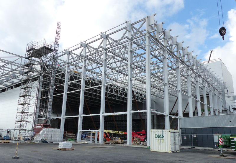 All the 52-metre-long roof trusses are in place for Experimental Hall 1.
